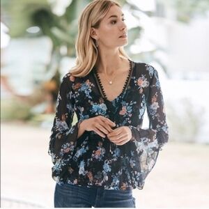 White House Black Market Floral Sheer Blouse - Black and Blue